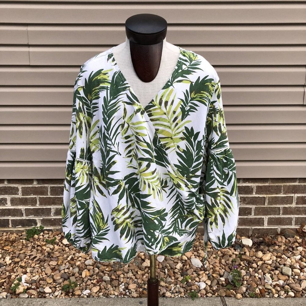 Ashley Stewart Wrap Top Tropical Print Open Work Detail Linen Blend Plus Size 24